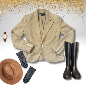 Ralph Lauren Wool Silk Linen Blazer (6) Tweed Equestrian Academia Made in Japan